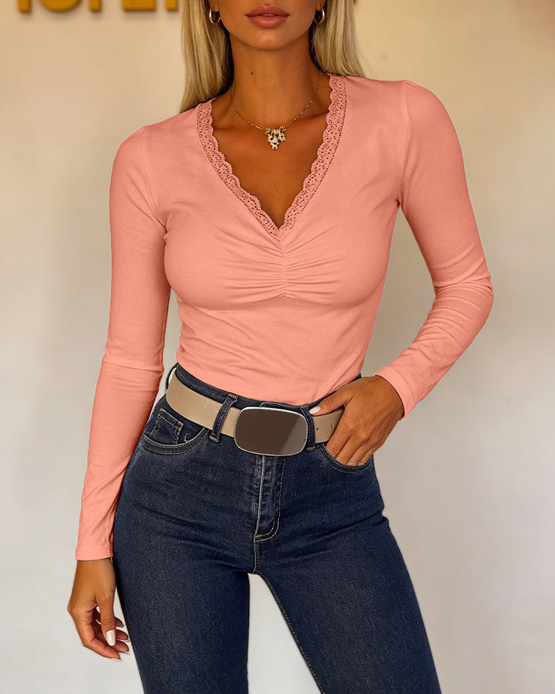 Women's Lace V Neck Ruched T Shirt Slim Fit Long Sleeve Tee Casual Elegant Top