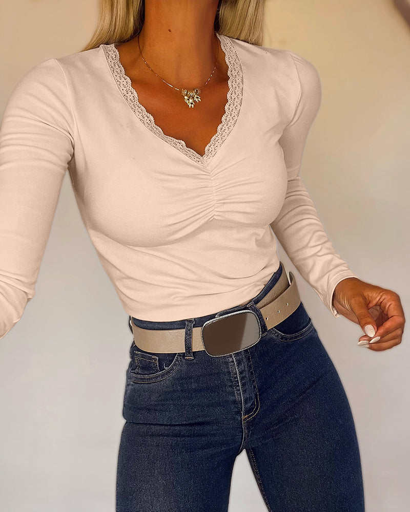 Women's Lace V Neck Ruched T Shirt Slim Fit Long Sleeve Tee Casual Elegant Top