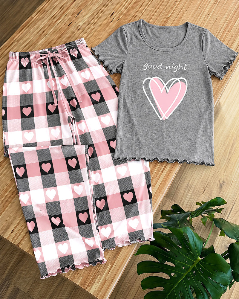 Women's Frill Hem Two Piece Pajama Set Heart Slogan Short Sleeve Top and Plaid Straight Leg Pants Casual Lounge Set