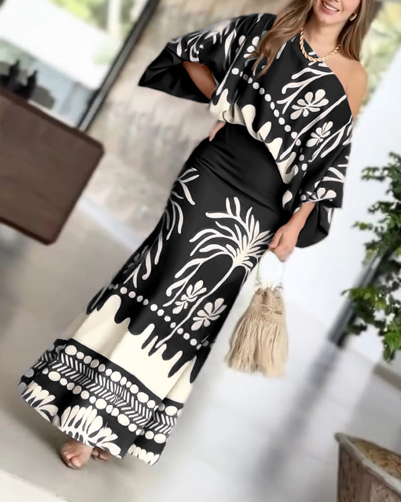2 Pieces Outfit Skew Neck Lantern Sleeve Loose Fit Top and High Waist Elastic Waist Fishtail Maxi Skirt Set Casual Tropical Print Vacation Set