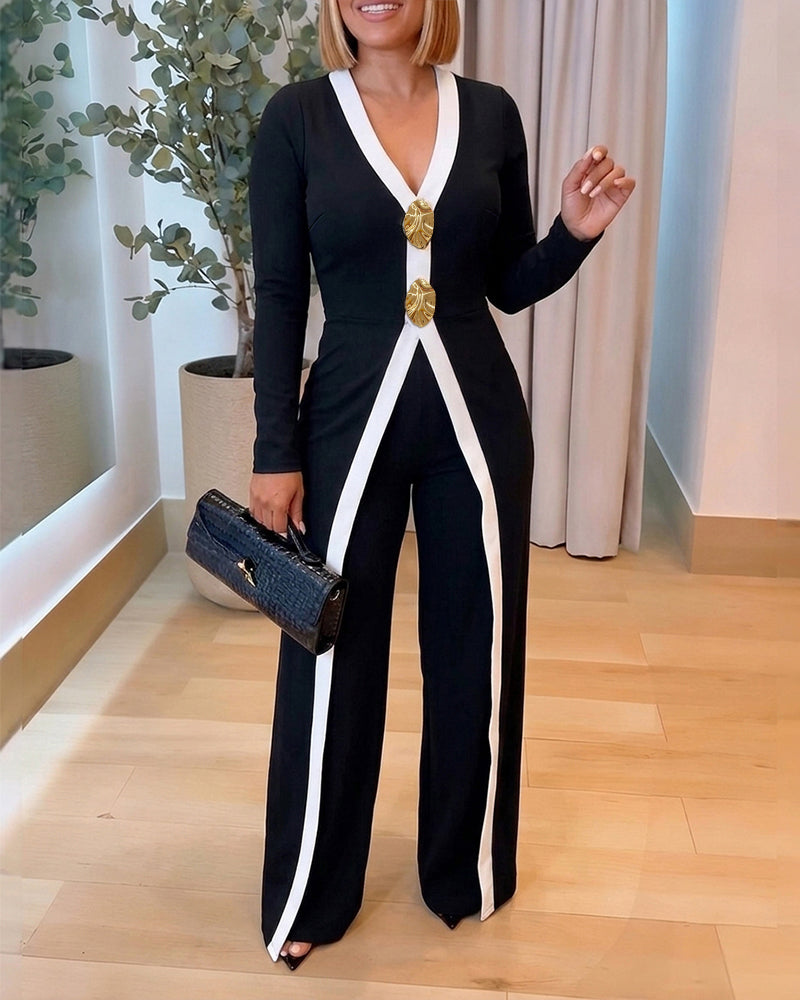 Women's Contrast Binding Faux Two-Piece Jumpsuit Elegant V Neck Wide Leg Overalls High Waisted Jumpsuits with Pockets