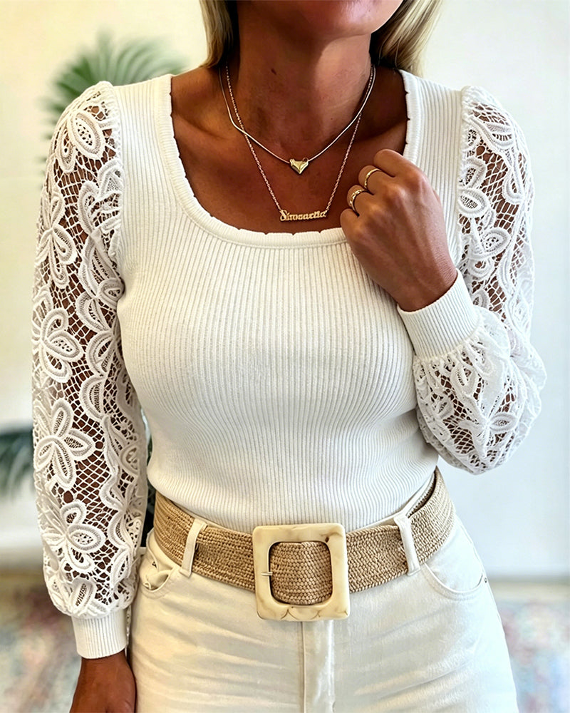 Women's Ribbed Knit Top Square Neck Lace Long Sleeve Shirt Slim Fit Elegant Pullover Top