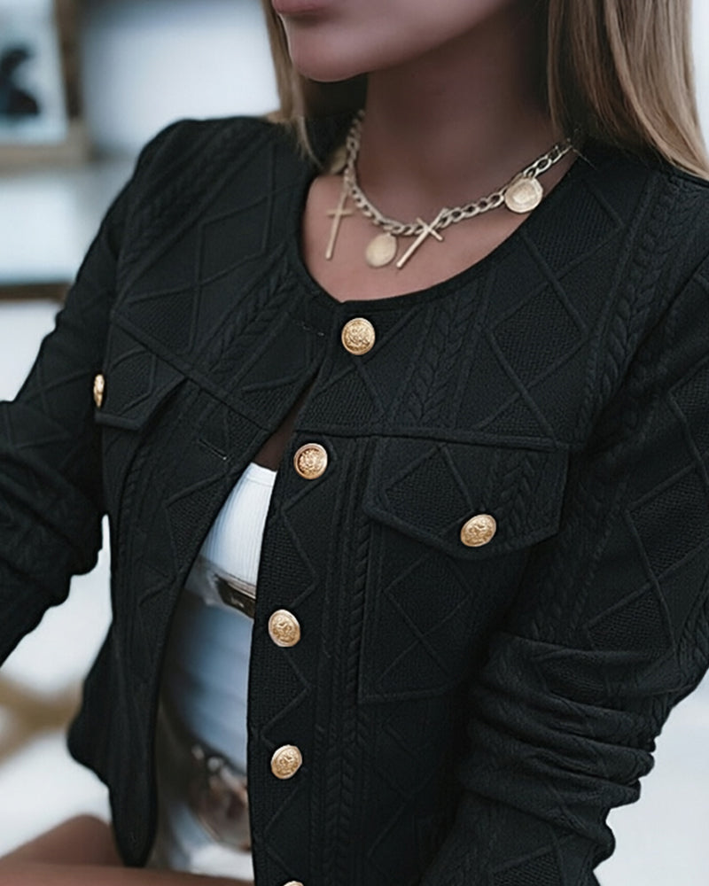 Women's French Style Cropped Jacket Round Neck Gold Button Coat Argyle Cable Jacquard Knit Outerwear