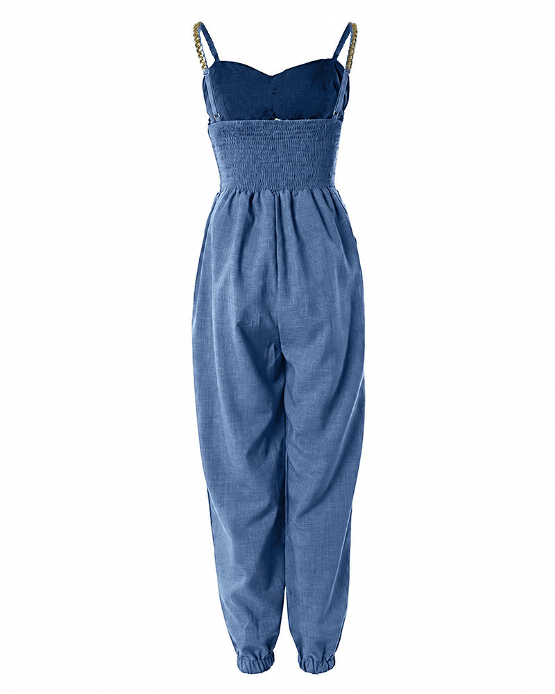 Women's Chain Decor Straps Jumpsuit Hollow Out Shirred Waist Overalls Casual Jogger Jumpsuit with Pockets