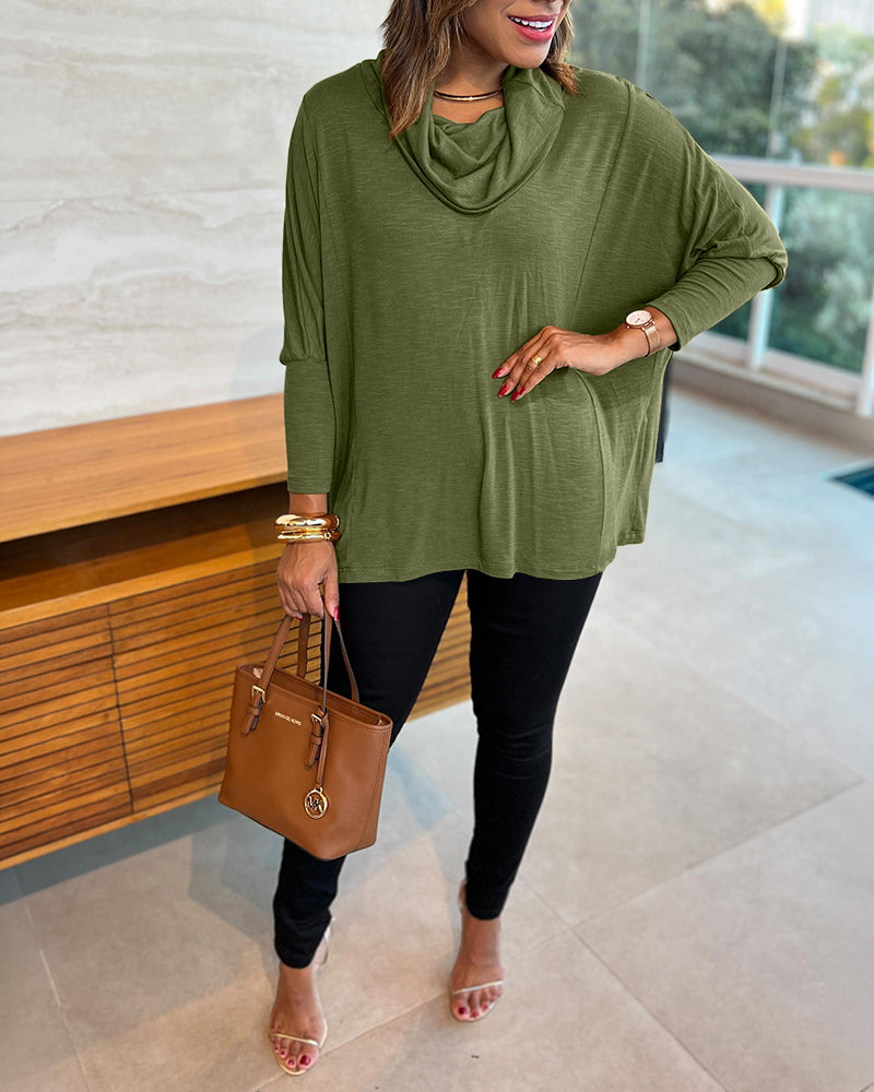 Women's Cowl Neck Batwing Sleeve Top Casual Long Sleeve Loose Pullover Comfortable Soft Drape Blouse