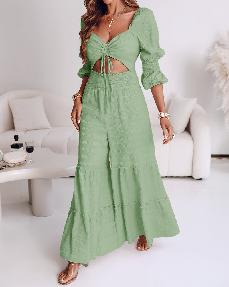 Sweetheart Neck Puff Sleeve Drawstring Front Shirred Overalls Casual Cutout Front Ruffle Hem Wide Leg Jumpsuit