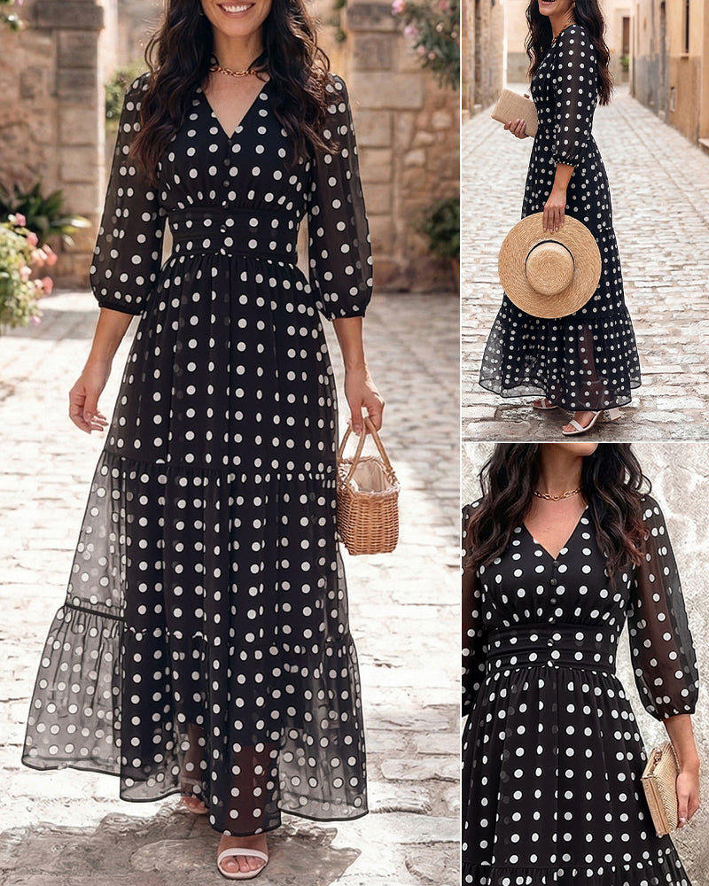 Women's Polka Dot Maxi Dress V Neck Lantern Sleeve Ruffle Hem Dress High Waist Button Up Chiffon Long Party Dress