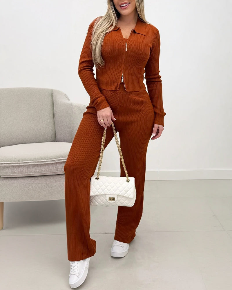 Women's Three Piece Knit Outfit Collared Two Way Zipper Coat and V Neck Tank Top and Bootcut Pants Ribbed Set