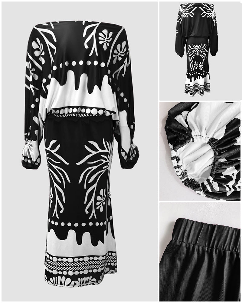 2 Pieces Outfit Skew Neck Lantern Sleeve Loose Fit Top and High Waist Elastic Waist Fishtail Maxi Skirt Set Casual Tropical Print Vacation Set