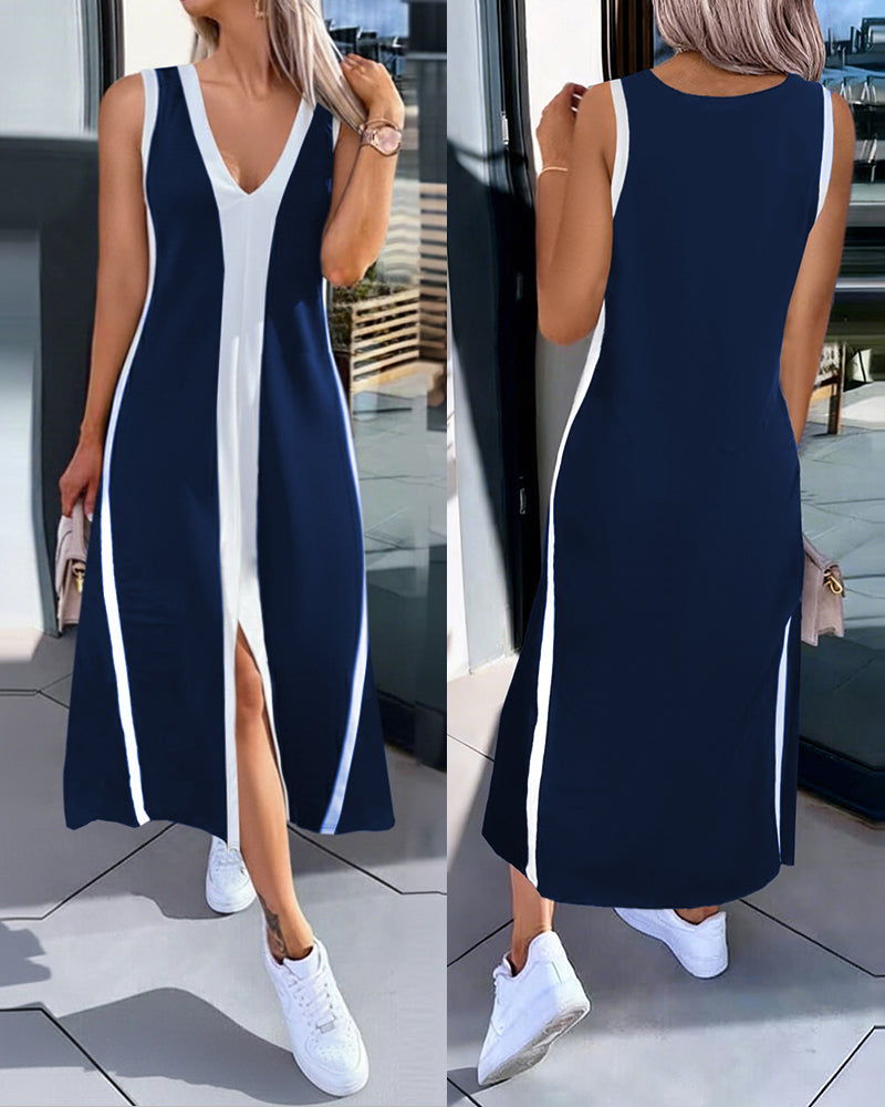Colorblock Spliced Deep V-Neck Sleeveless Slit Front Dress Casual Loose Fit A Line Dress
