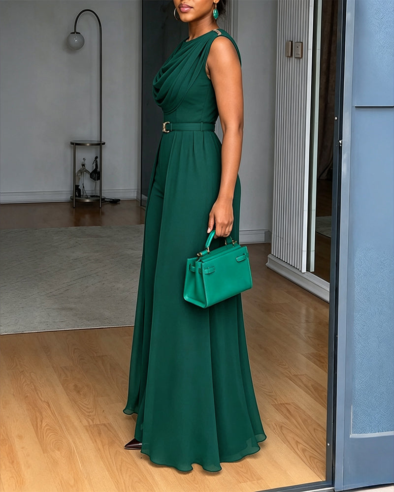 Women's Cowl Neck Wide Leg Jumpsuit High Waist Sleeveless Chiffon Overlay Spliced Evening Overalls with Belt