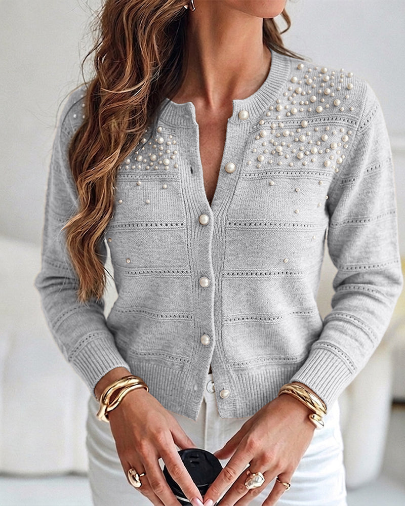 Women's Pearl Beaded Knit Cardigan Elegant Hollow Out Crop Sweater Casual Button Down Coat