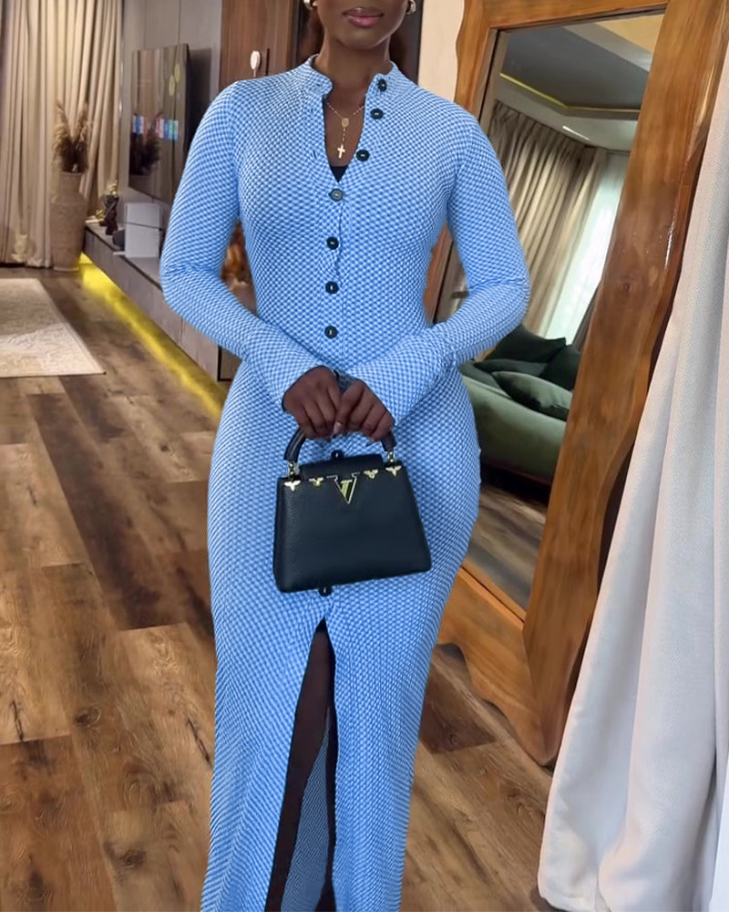 Women's Vintage Plaid Button Front Slit Maxi Dress Long Sleeve Stand Collar Slim Fit Knit Dress