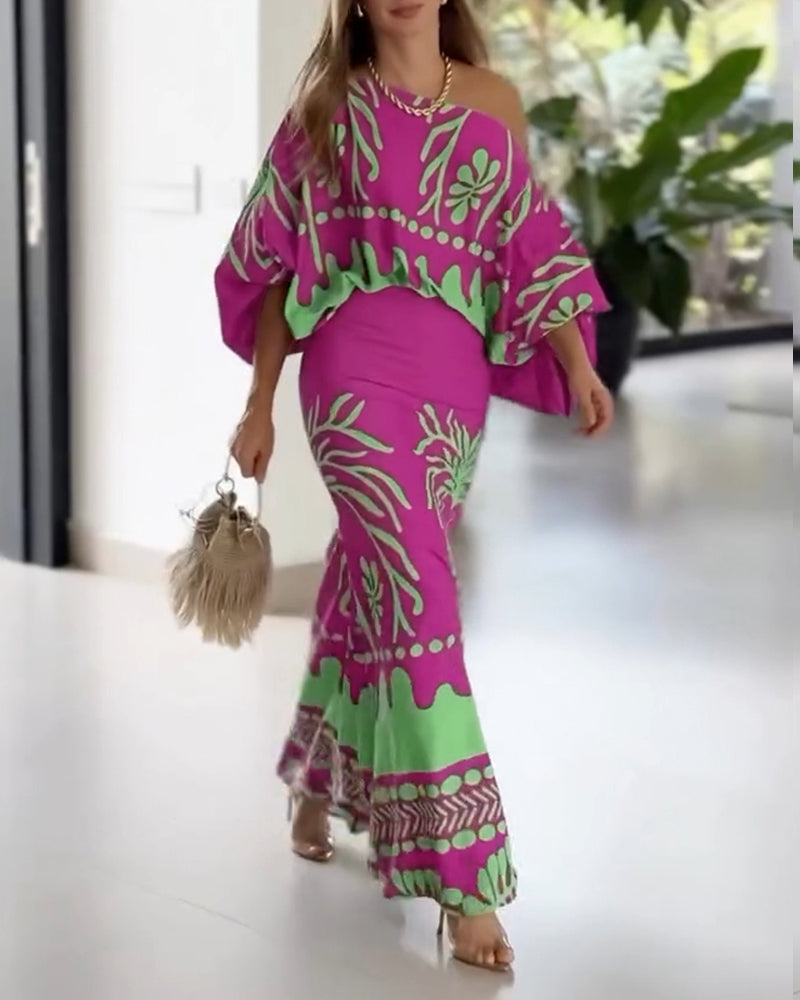 2 Pieces Outfit Skew Neck Lantern Sleeve Loose Fit Top and High Waist Elastic Waist Fishtail Maxi Skirt Set Casual Tropical Print Vacation Set