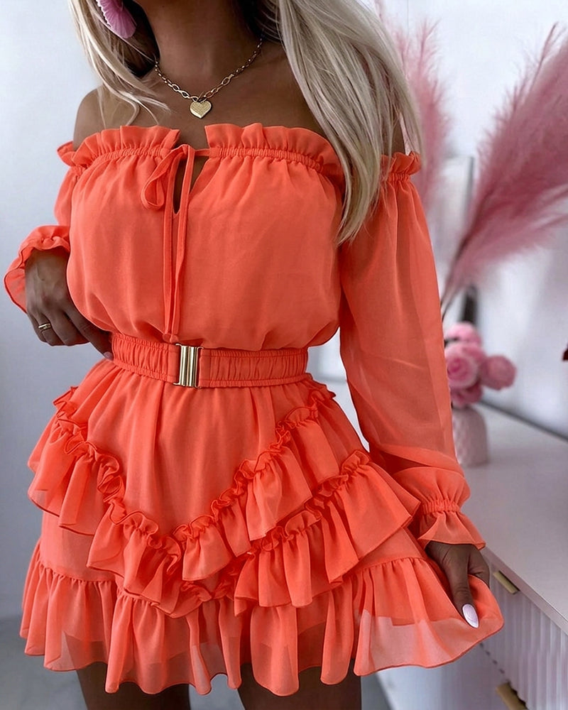 Women's Off Shoulder Frill Trim Mini A Line Dress Flowy Chiffon Ruffle Hem Party Dress with Belt & Built-In Shorts