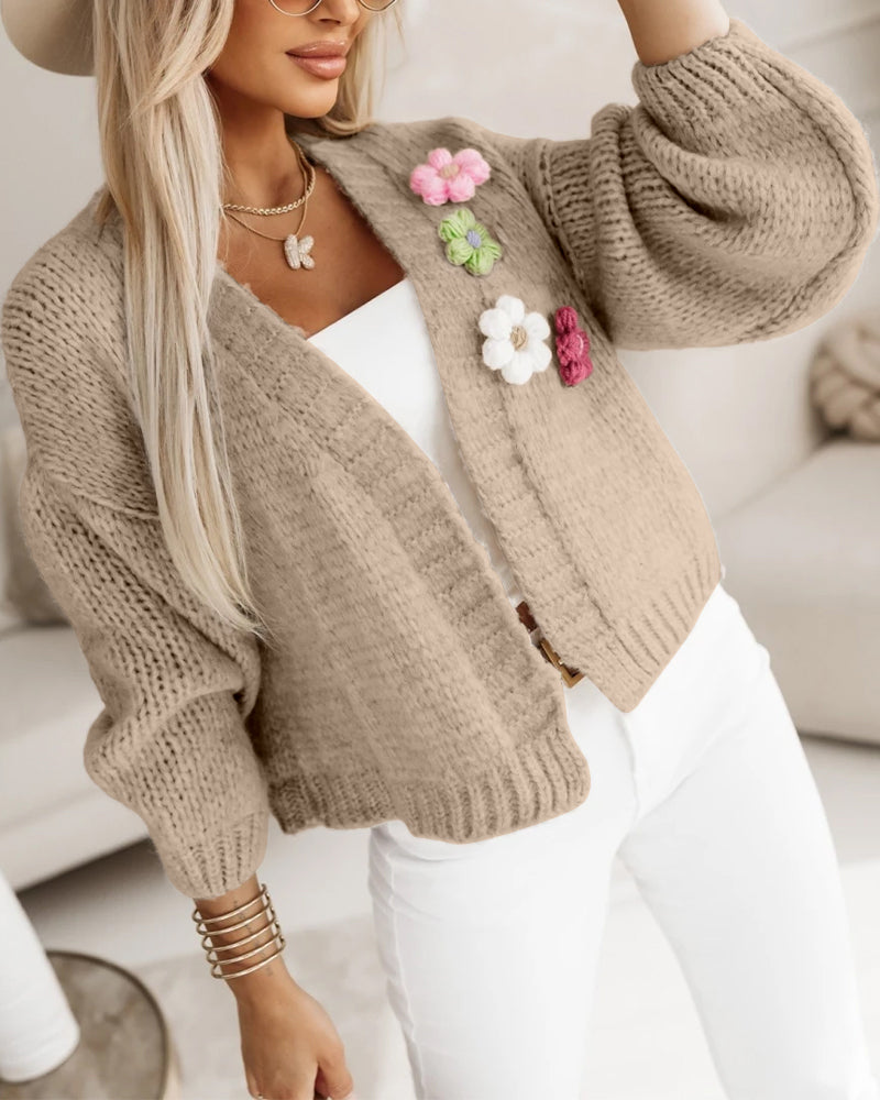 Women's 3D Floral Knit Cardigan Long Sleeve Crochet Sweater Casual Crop Coat