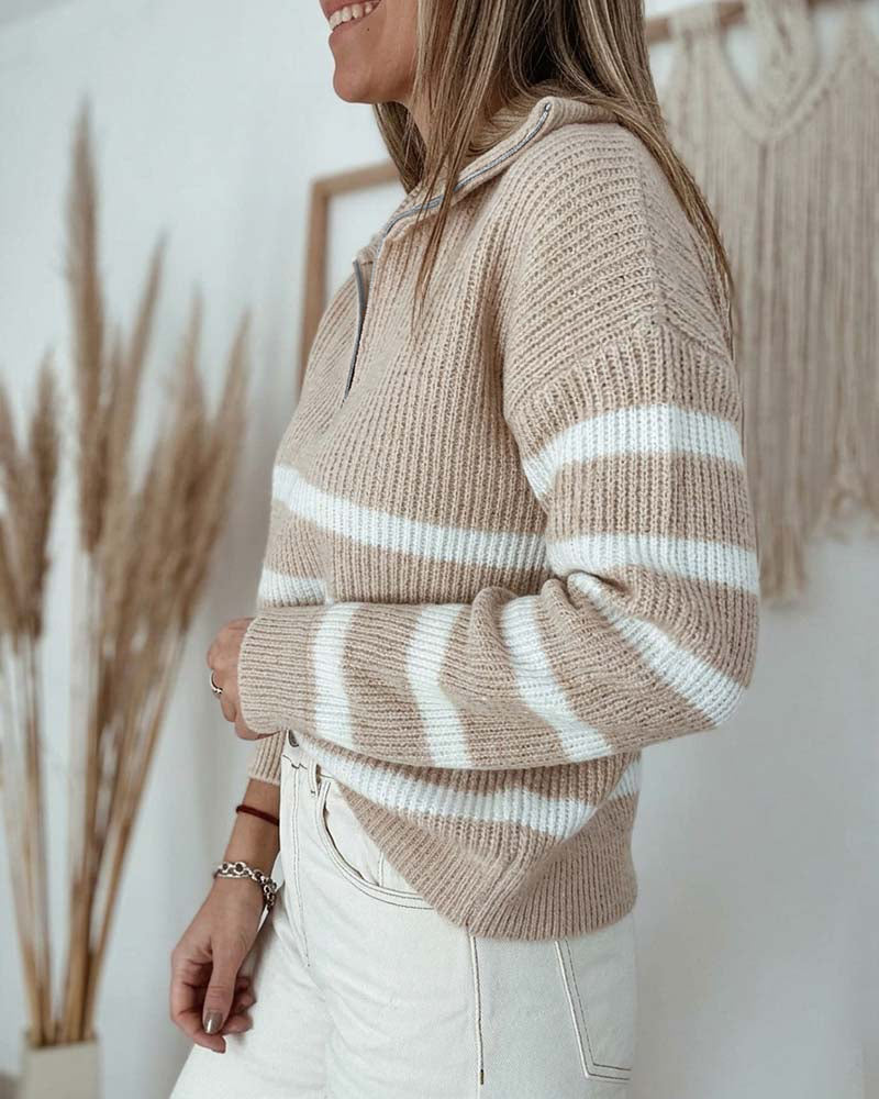 Women's Half Zip Striped Sweater Colorblock Turn-down Collar Knit Pullover Drop Shoulder Loose Fit Top