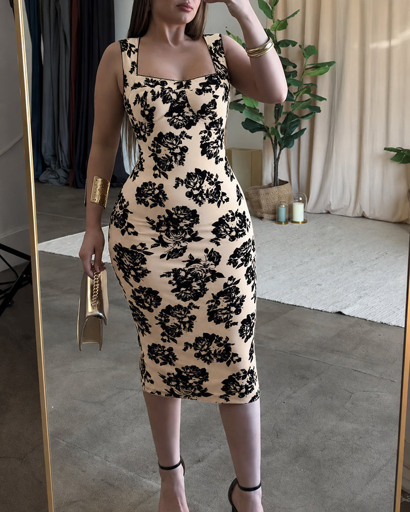 Women's Vintage Flocking Rose Midi Dress Square Neck Sleeveless Bodycon Dress Elegant Club Party Gown