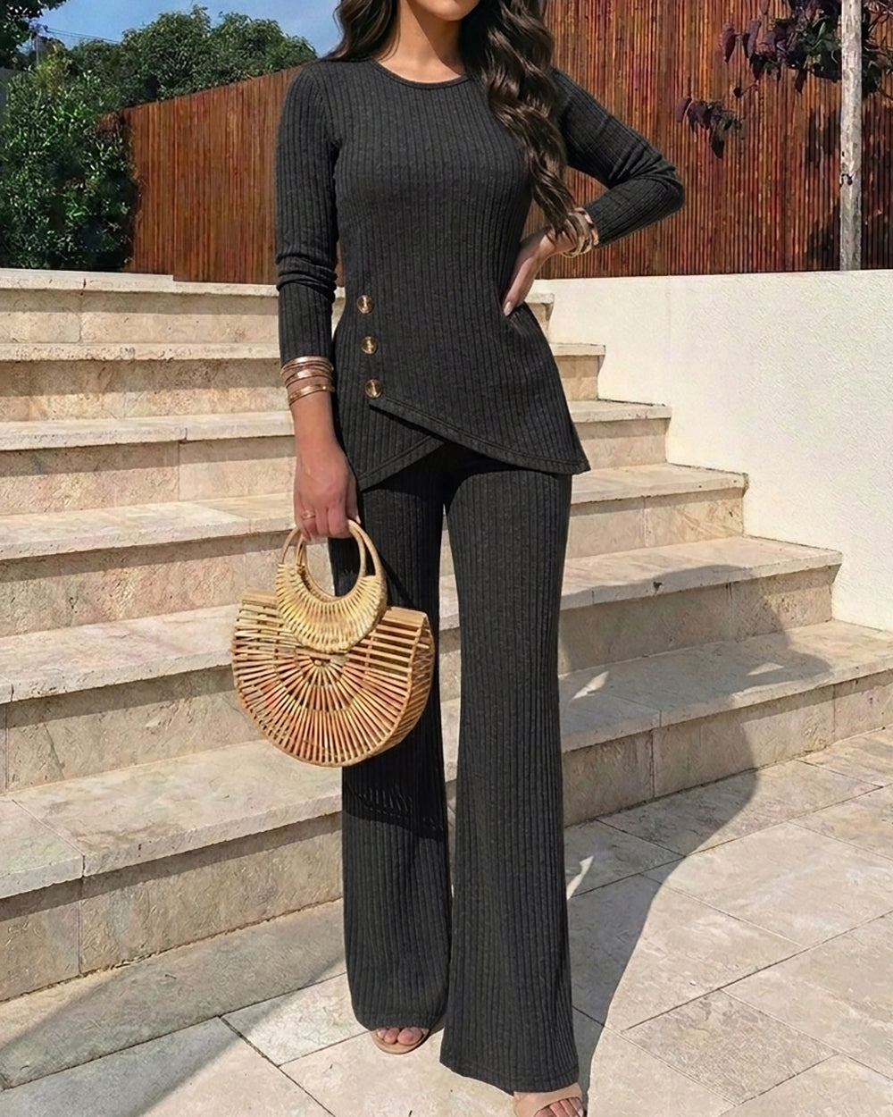 CHICME ESSENCE Womens 2 Piece Lounge Set Button Down Top Wide Leg Pants