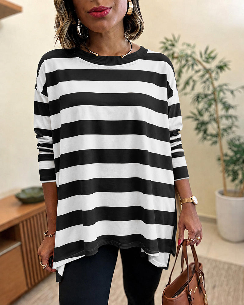 Women's Striped T Shirt Long Sleeve Drop Shoulder Crewneck Tee Side Slit Casual Loose Fit Top