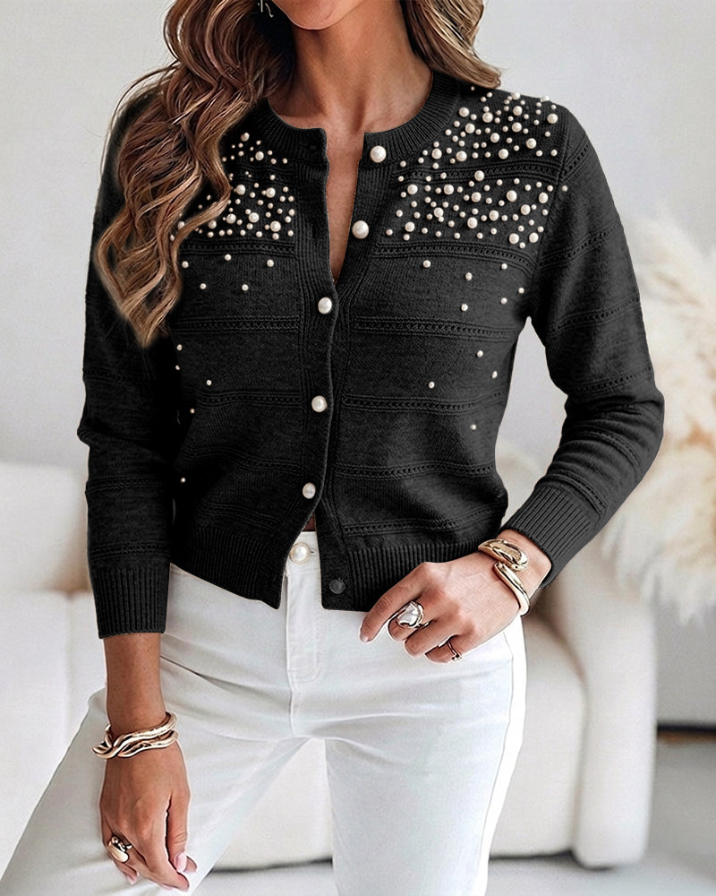 Women's Pearl Beaded Knit Cardigan Elegant Hollow Out Crop Sweater Casual Button Down Coat