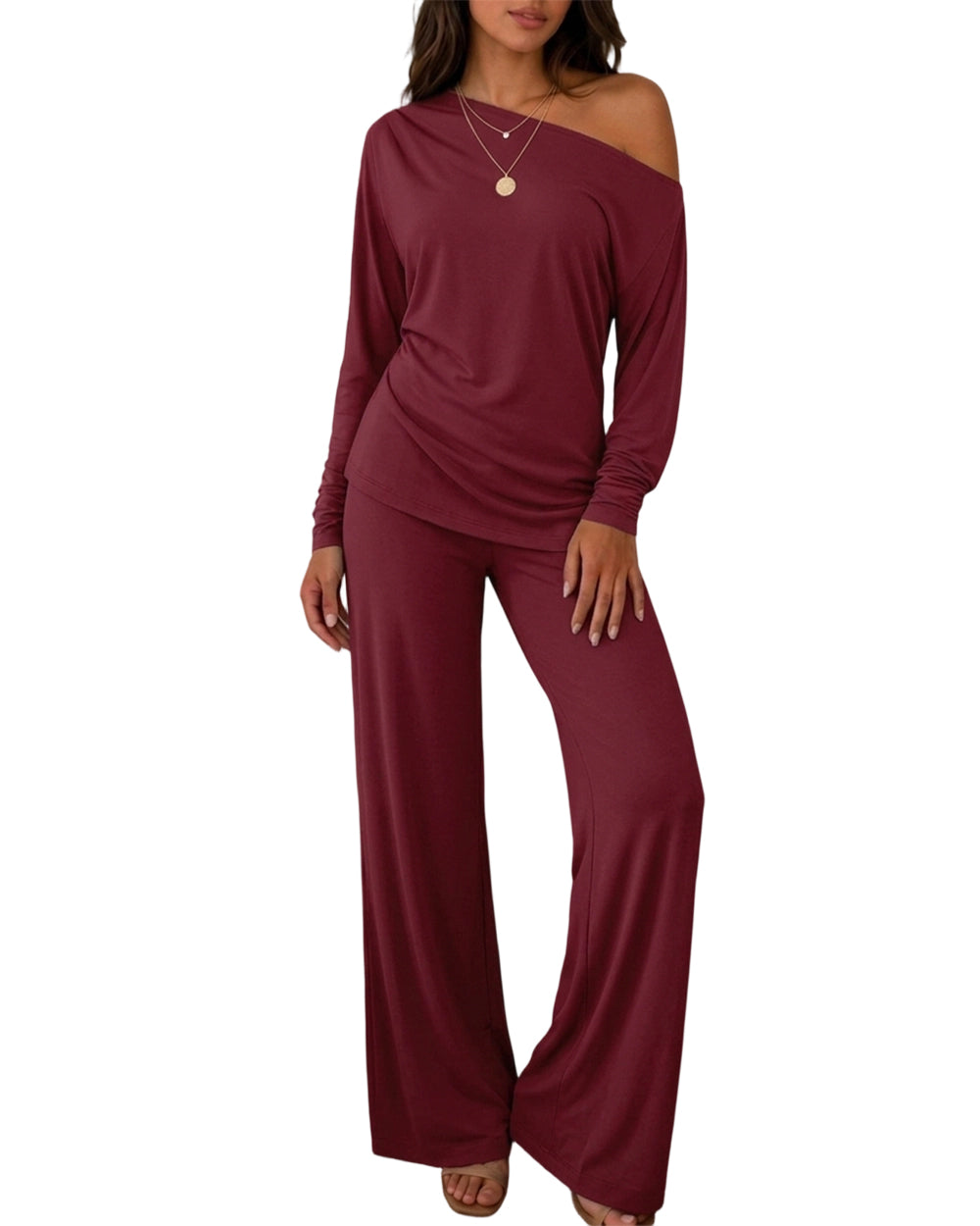 CHICME ESSENCE Women's 2 Piece Lounge Set Skew Neck Ruched Asymmetric Hem Long Sleeve Top and Wide Leg Pants Matching Outfit