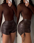 Women's Sexy PU Leather Shorts High Waisted Ruched Drawstring Faux Leather Shorts Elastic Waist Trendy Party Clubwear