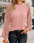 Contrast Lace Round Neck Lantern Sleeve Ruched Blouse Elegant Shirt