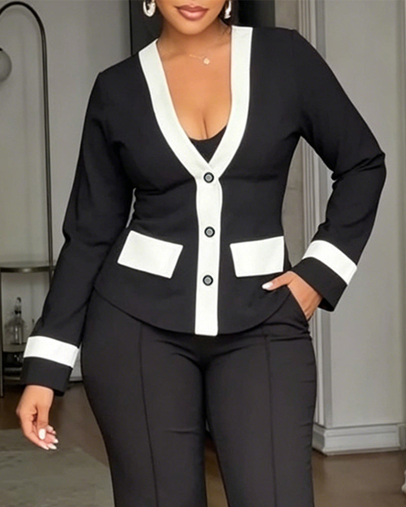 Women's Contrast Binding Coat Casual Slim Fit V Neck Jacket Button Front Office Business Workwear