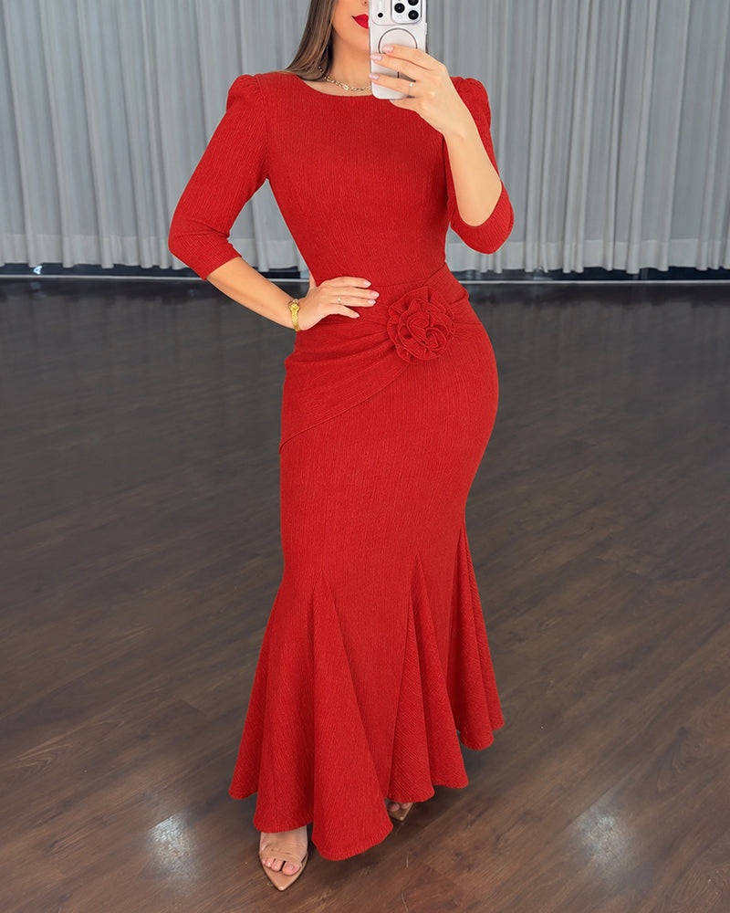 Women's 3D Floral Twist Mermaid Maxi Evening Gown Elegant Three Quarters Sleeve Bodycon Party Dress