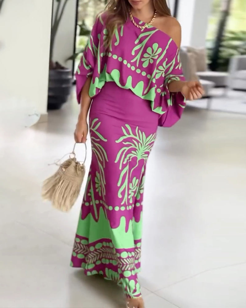 2 Pieces Outfit Skew Neck Lantern Sleeve Loose Fit Top and High Waist Elastic Waist Fishtail Maxi Skirt Set Casual Tropical Print Vacation Set