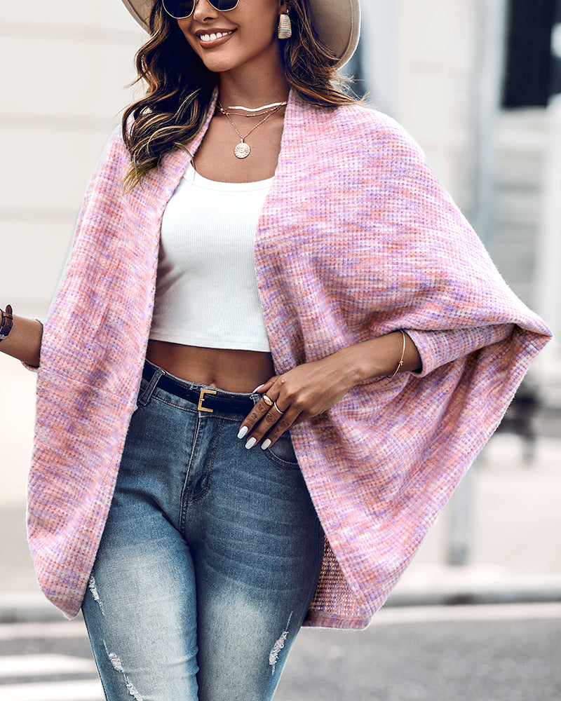 Colorful Waffle Knit Open Front Coat Batwing Long Sleeve Cardigan