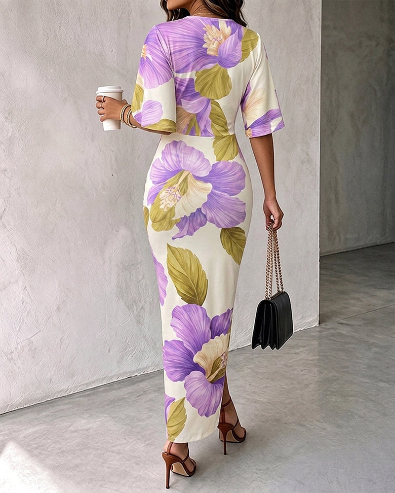 Women's Floral V Neck Drawstring Ruched Maxi Dress Batwing Sleeve Slit Bodycon Vacation Dress
