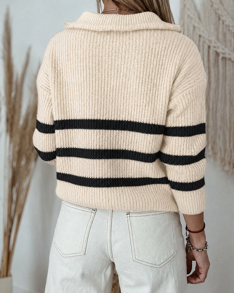 Women's Half Zip Striped Sweater Colorblock Turn-down Collar Knit Pullover Drop Shoulder Loose Fit Top