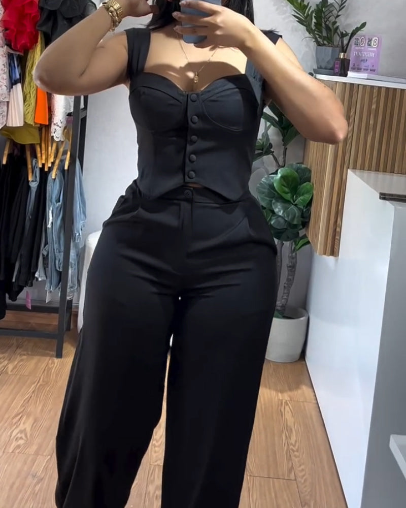 2 Pieces Outfit Thick Strap Button Front Shirred Back Slim Fit Crop Top and Casual High Waist Zipper Fly Elastic Back Waist Wide Leg Pants Set