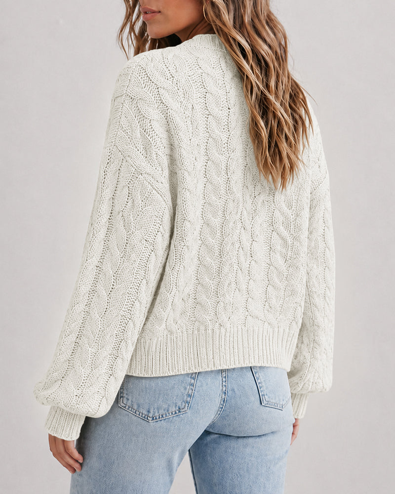Women's Cable Knit Cardigan V Neck Button Down Chunky Knit Sweater Loose Lantern Sleeve Warm Outerwear