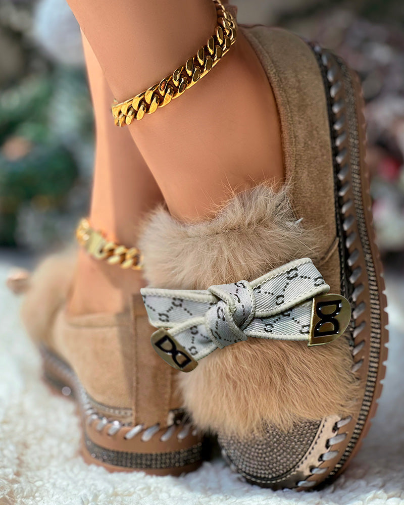 Rhinestone Bowknot Design Platform Fuzzy Slip-On Loafers