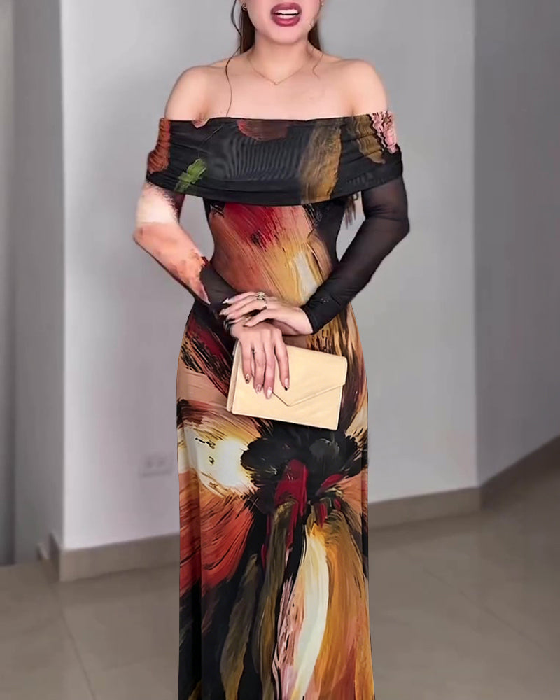 Women's Oil Painting Print Foldover Off-Shoulder Mesh Overlay Maxi Dress Long SleeveRuched Mermaid Long Dress