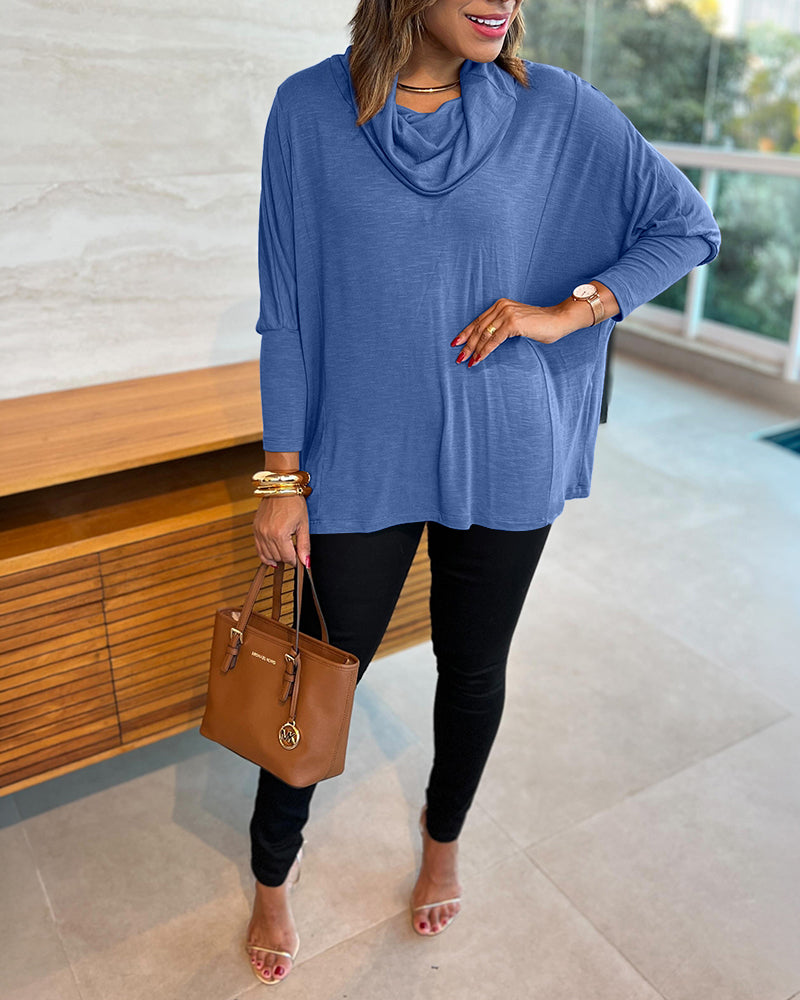 Women's Cowl Neck Batwing Sleeve Top Casual Long Sleeve Loose Pullover Comfortable Soft Drape Blouse