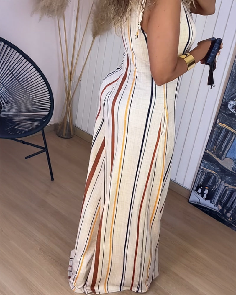 Women's V Neck Bow Tie Shoulder Striped Jumpsuit Casual Loose Wide Leg Overalls with Pockets