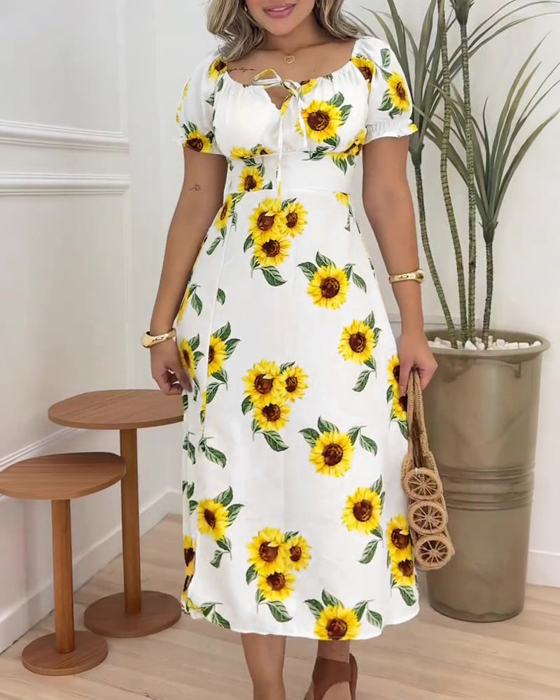 Women's Sunflower Print Midi Dress Puff Sleeve Tie Neck Sundress Shirred Back Slit A-Line Vacation Dress with Lining