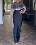 2 Pieces Outfit Detachable & Adjustable Spaghetti Straps Zipper Back Slit Slim Fit Maxi Dress and Rhinestone & Pearls Decor High Neck Zipper Back Sheer Mesh Poncho Cape