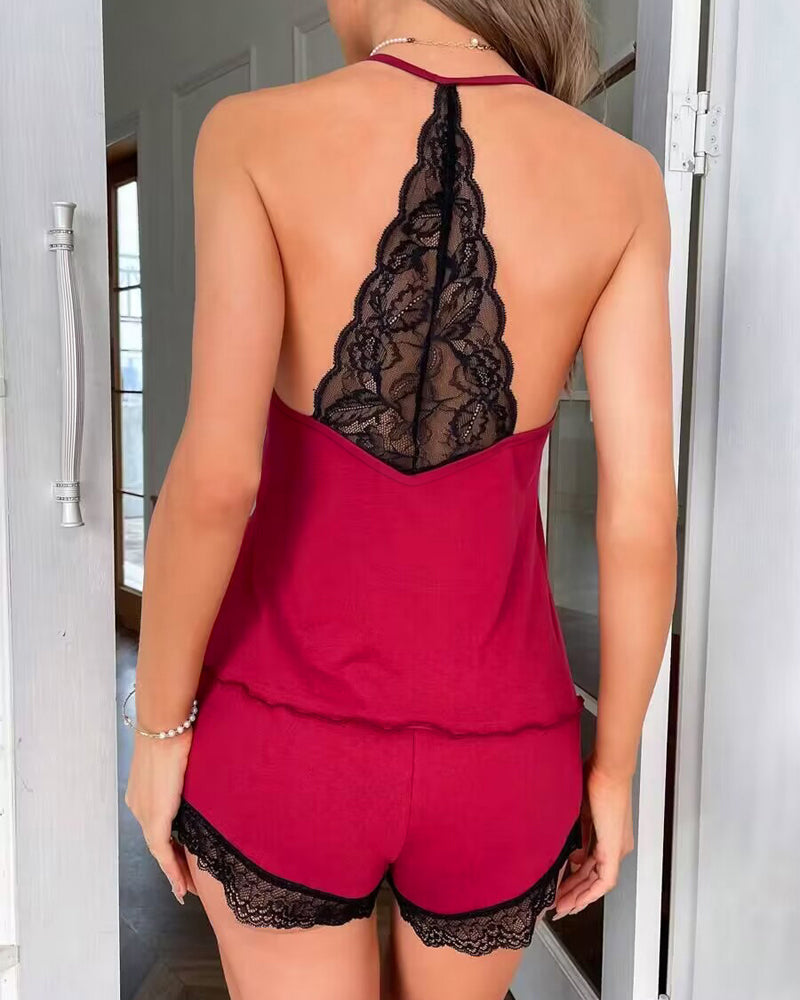 Crochet Lace Trim Backless Cami Top And Shorts Set Pajams Set Sleepwear