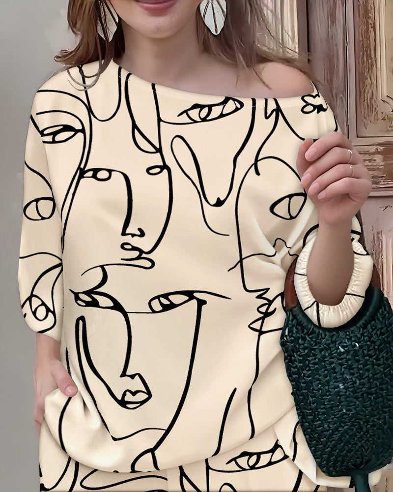 Women's Abstract Face Print Two Piece Outfits Boat Neck Batwing Sleeve Top and High Waisted Wide Leg Pants Set with Pockets