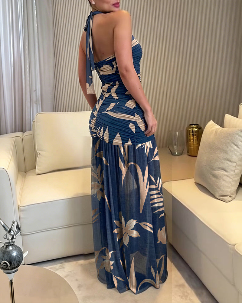 Women's Vintage Plants Halter Tie Maxi Dress Sexy Backless Ruched Bodycon Dress Elegant Slit Mesh Evening Party Gown