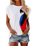 Women's Parrot Graphic Tee Loose Crewneck Cuffed Cap Sleeve T-Shirt Casual Top