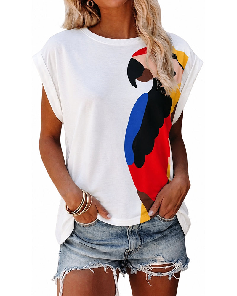 Women's Parrot Graphic Tee Loose Crewneck Cuffed Cap Sleeve T-Shirt Casual Top