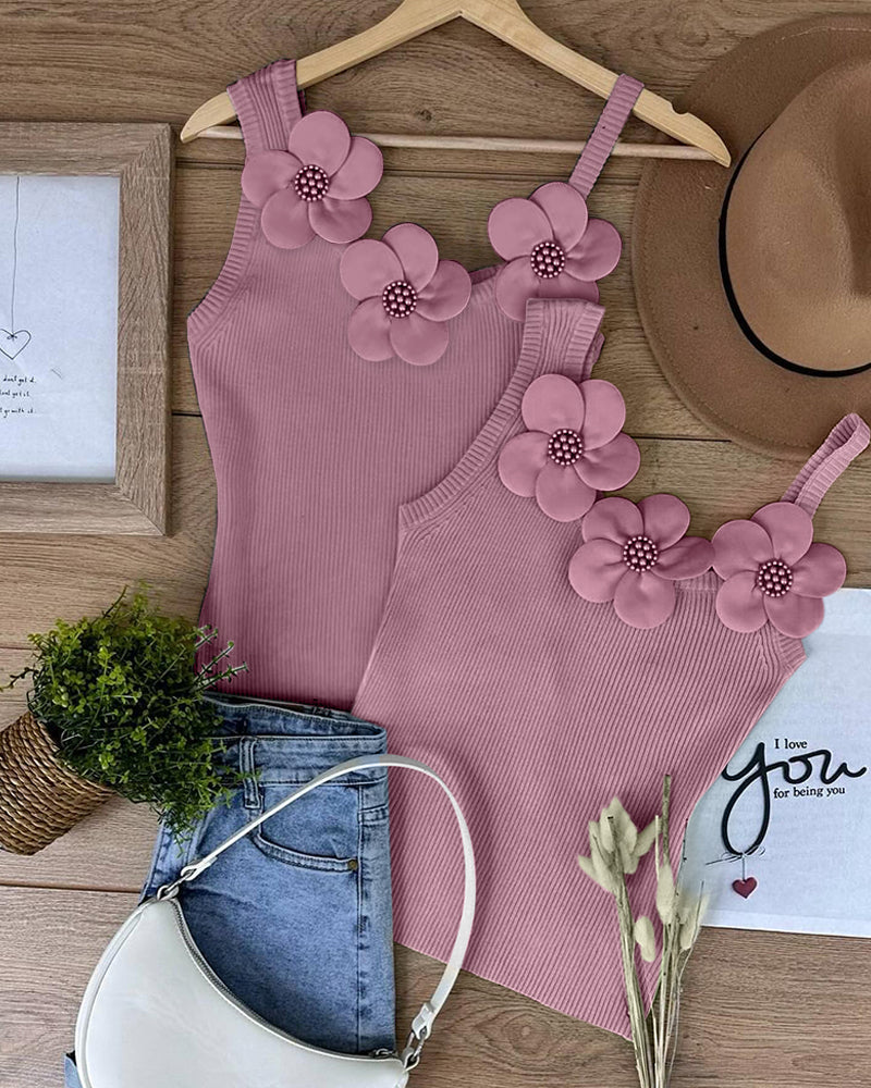 2 Pack Solid 3D Flower Tank Top Asymmetrical Neck Sleeveless Casual Ribbed Knit Camisole