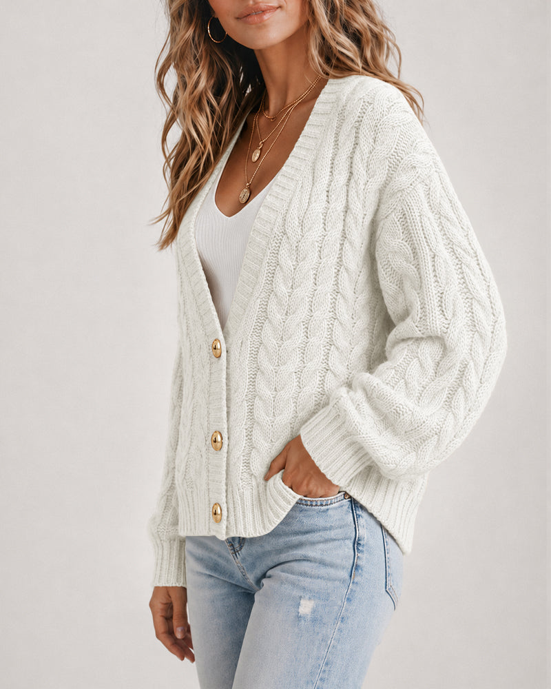 Women's Cable Knit Cardigan V Neck Button Down Chunky Knit Sweater Loose Lantern Sleeve Warm Outerwear