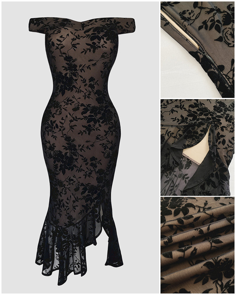 Women's Flock Floral Mesh Dress Off Shoulder Ruffle Hem Bodycon Dress Slit Evening Party Mermaid Gown